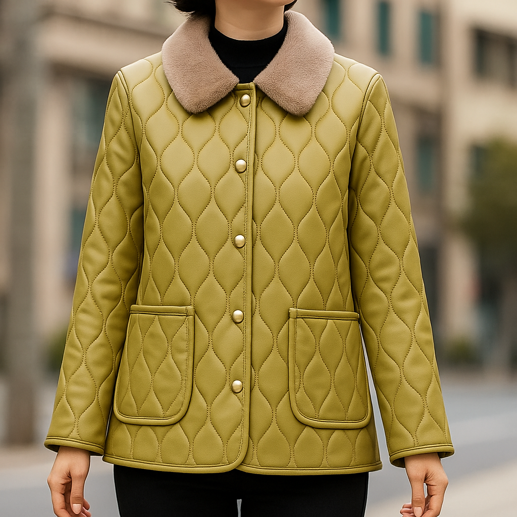 Glenda Women’s Fleece Jacket – Cotton Pleated Texture with Soft Fur Collar