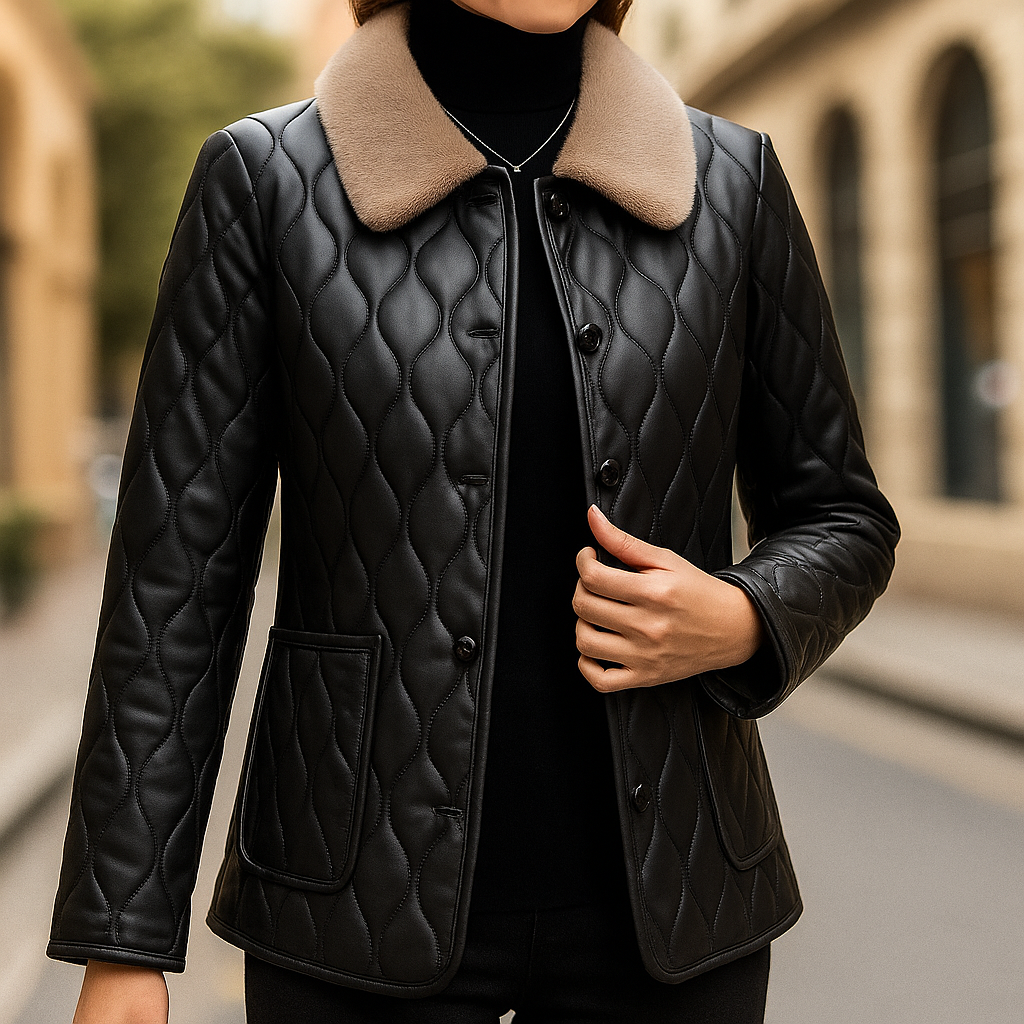 Glenda Women’s Fleece Jacket – Cotton Pleated Texture with Soft Fur Collar