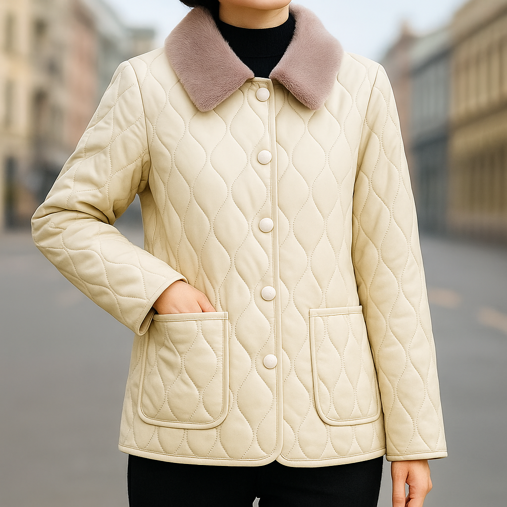 Glenda Women’s Fleece Jacket – Cotton Pleated Texture with Soft Fur Collar