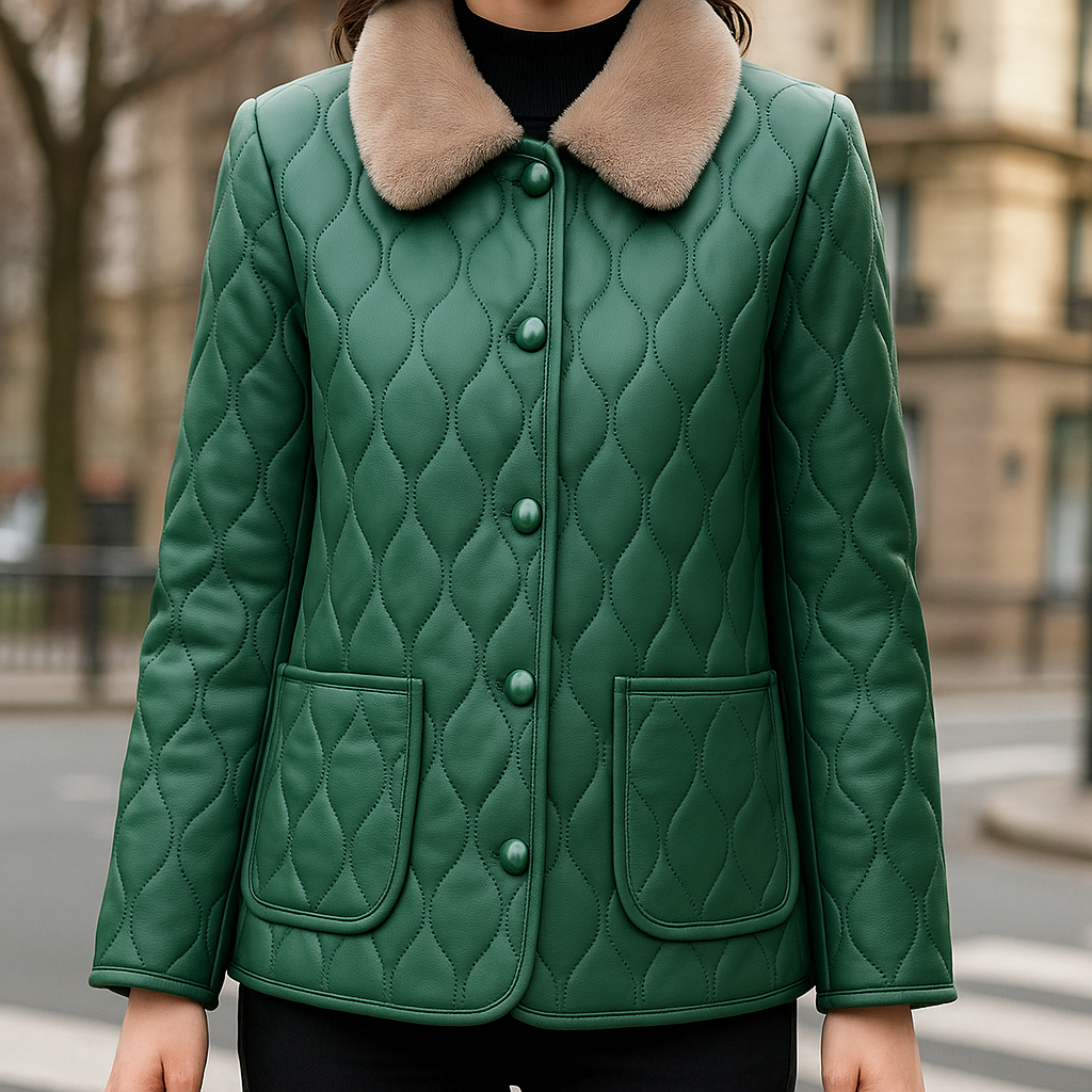 Glenda Women’s Fleece Jacket – Cotton Pleated Texture with Soft Fur Collar