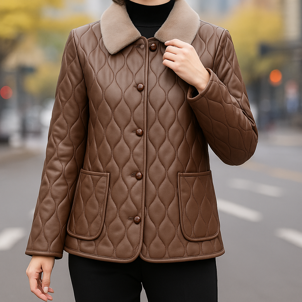 Glenda Women’s Fleece Jacket – Cotton Pleated Texture with Soft Fur Collar