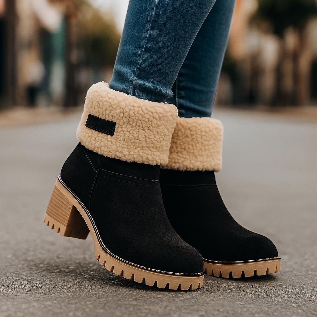 Marie Women’s Suede Ankle Boots – Plush Fur Lined Winter Block Heel Boots