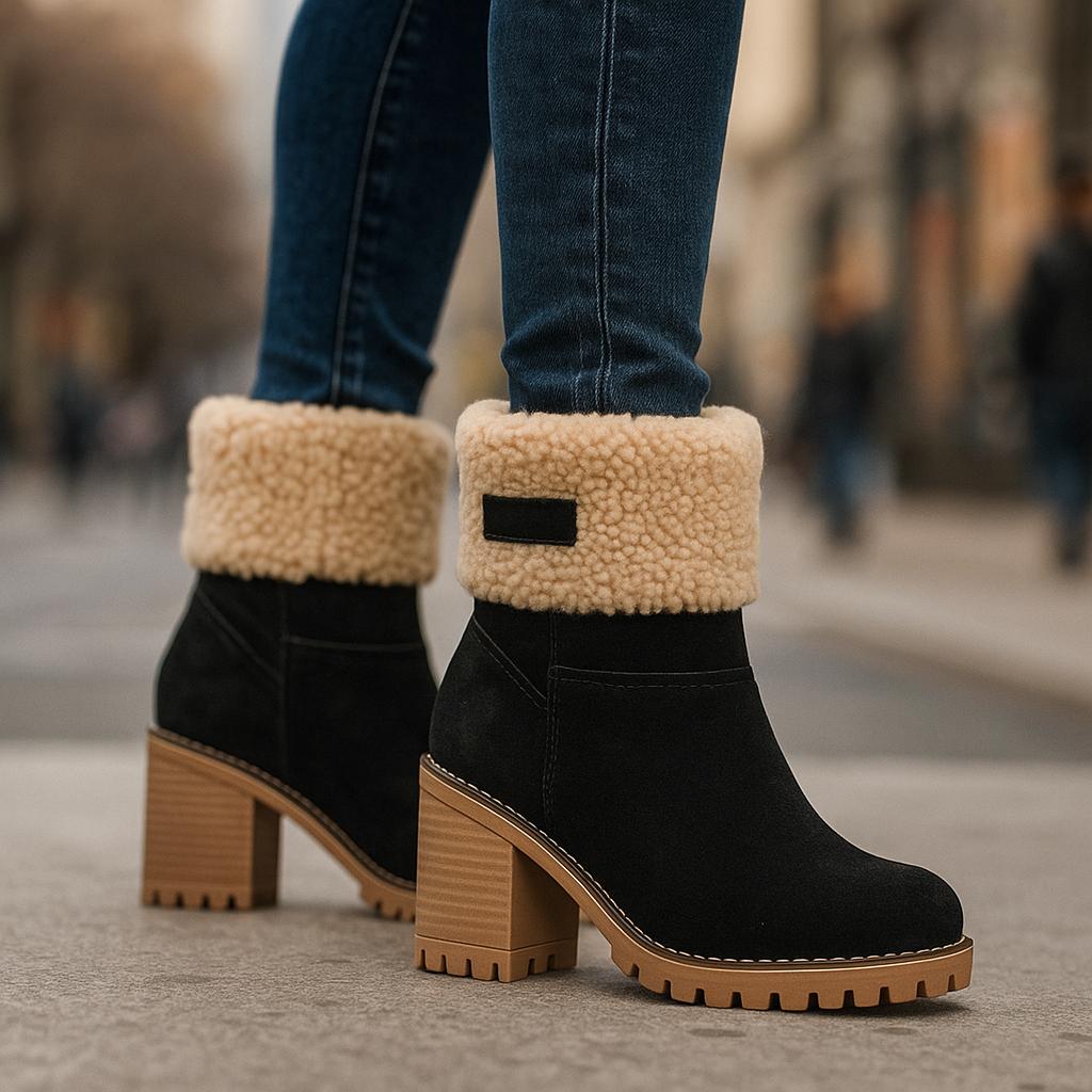 Marie Women’s Suede Ankle Boots – Plush Fur Lined Winter Block Heel Boots