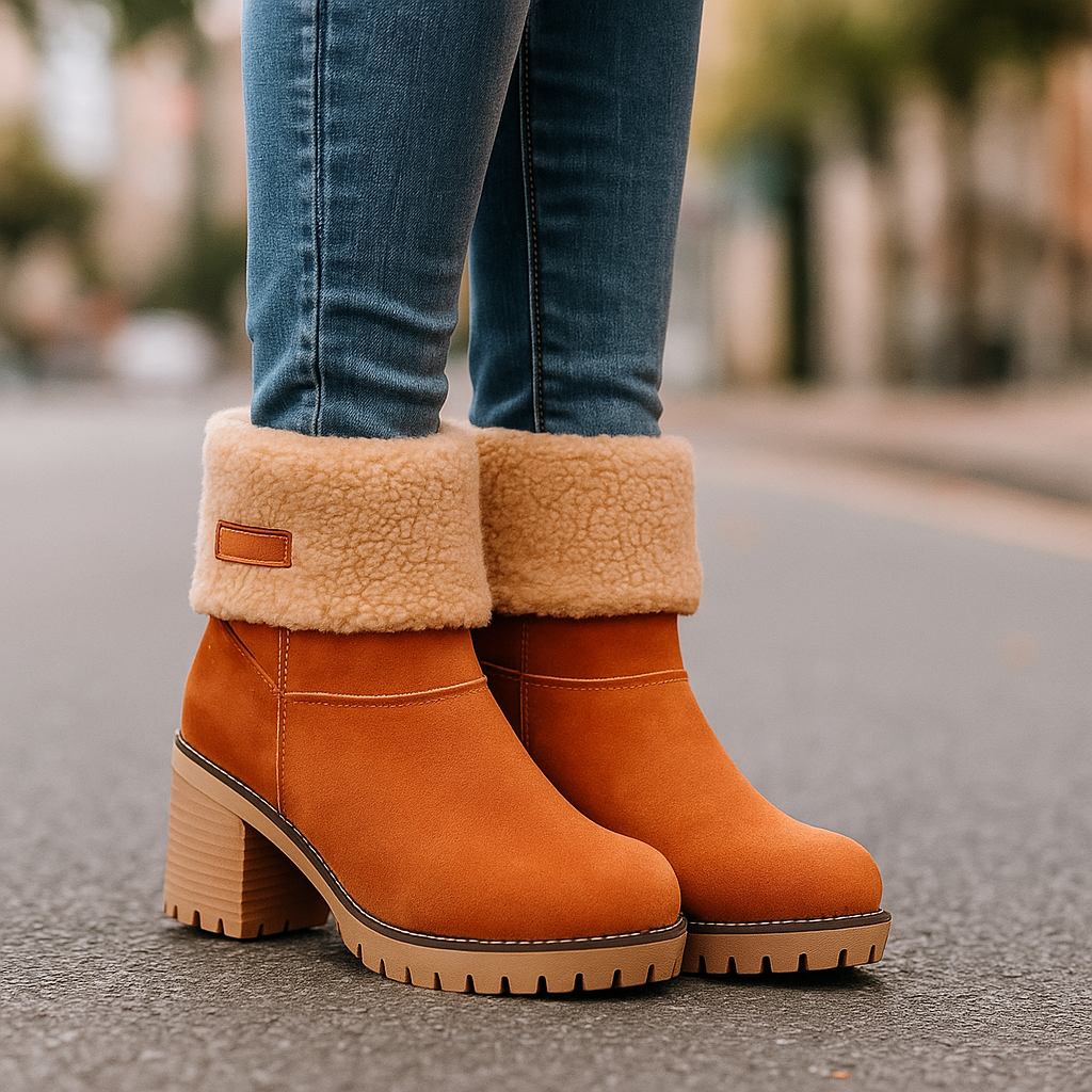 Marie Women’s Suede Ankle Boots – Plush Fur Lined Winter Block Heel Boots
