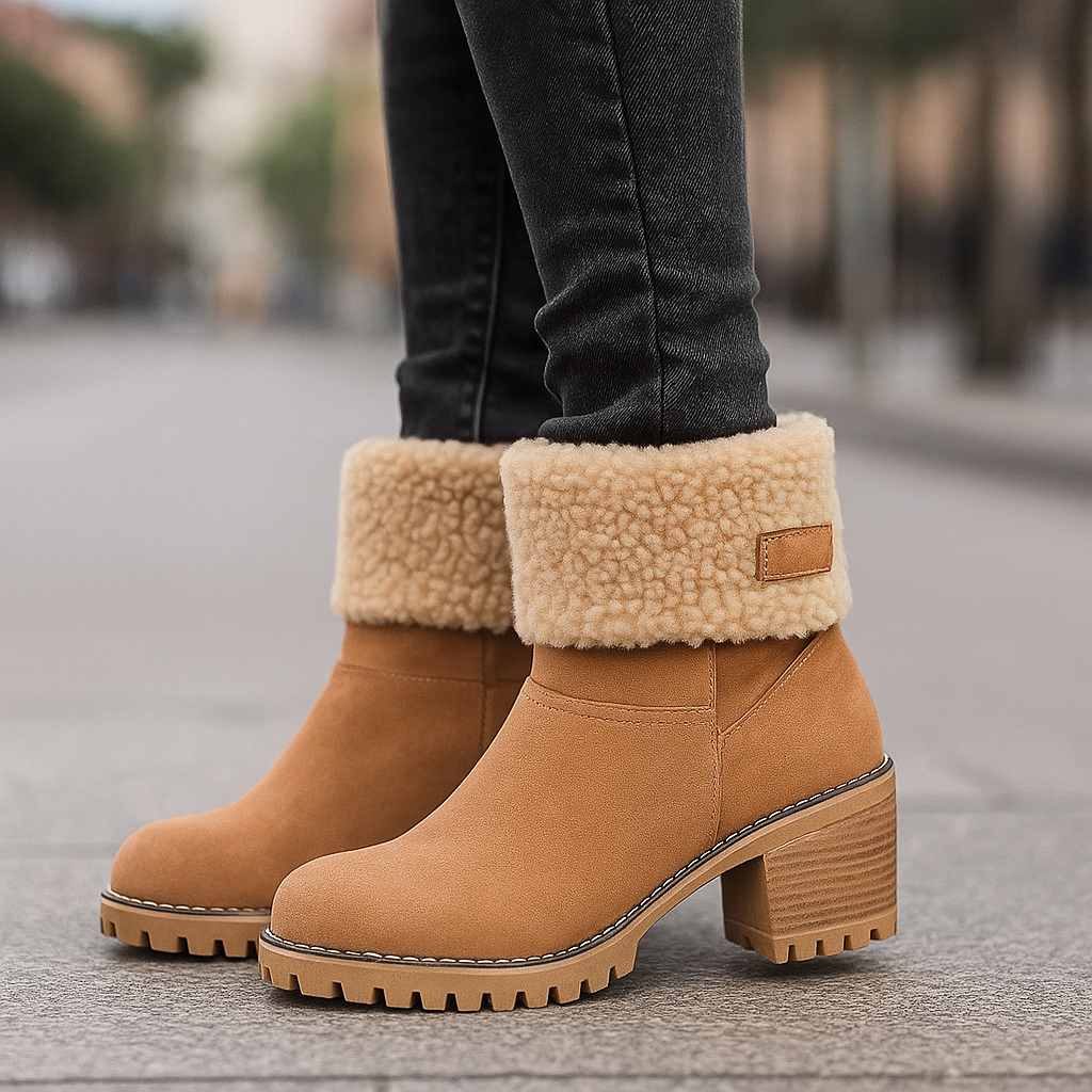 Marie Women’s Suede Ankle Boots – Plush Fur Lined Winter Block Heel Boots