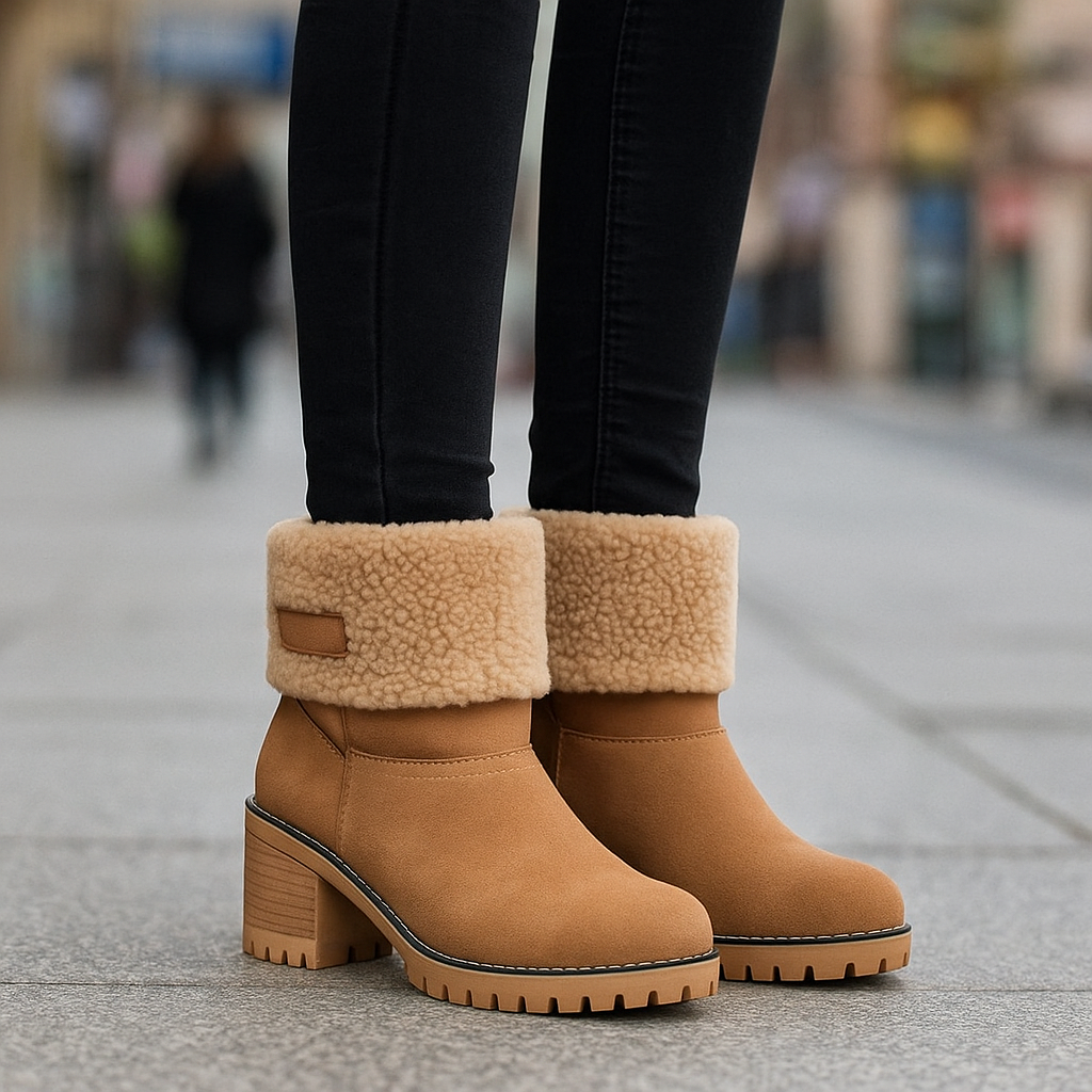 Marie Women’s Suede Ankle Boots – Plush Fur Lined Winter Block Heel Boots