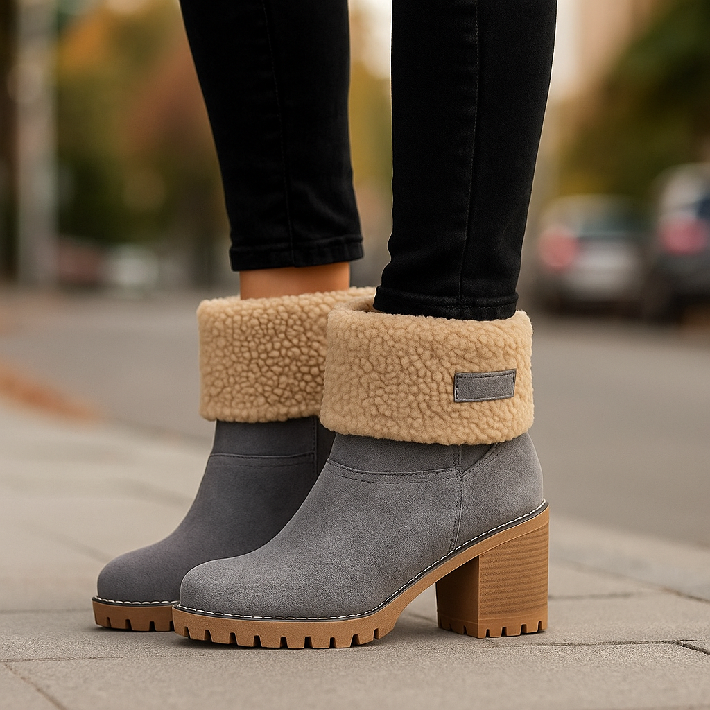 Marie Women’s Suede Ankle Boots – Plush Fur Lined Winter Block Heel Boots