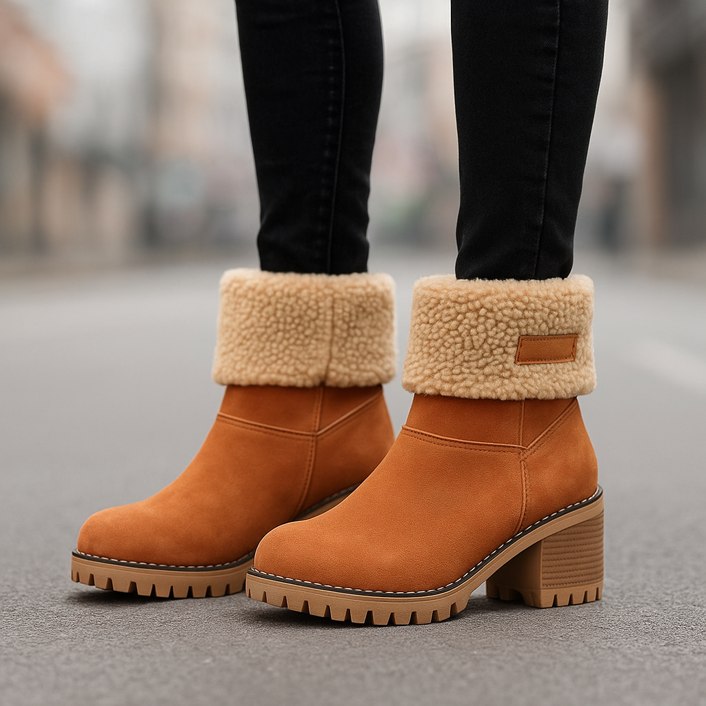 Marie Women’s Suede Ankle Boots – Plush Fur Lined Winter Block Heel Boots
