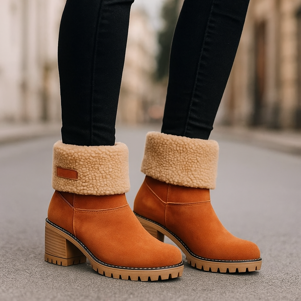 Marie Women’s Suede Ankle Boots – Plush Fur Lined Winter Block Heel Boots