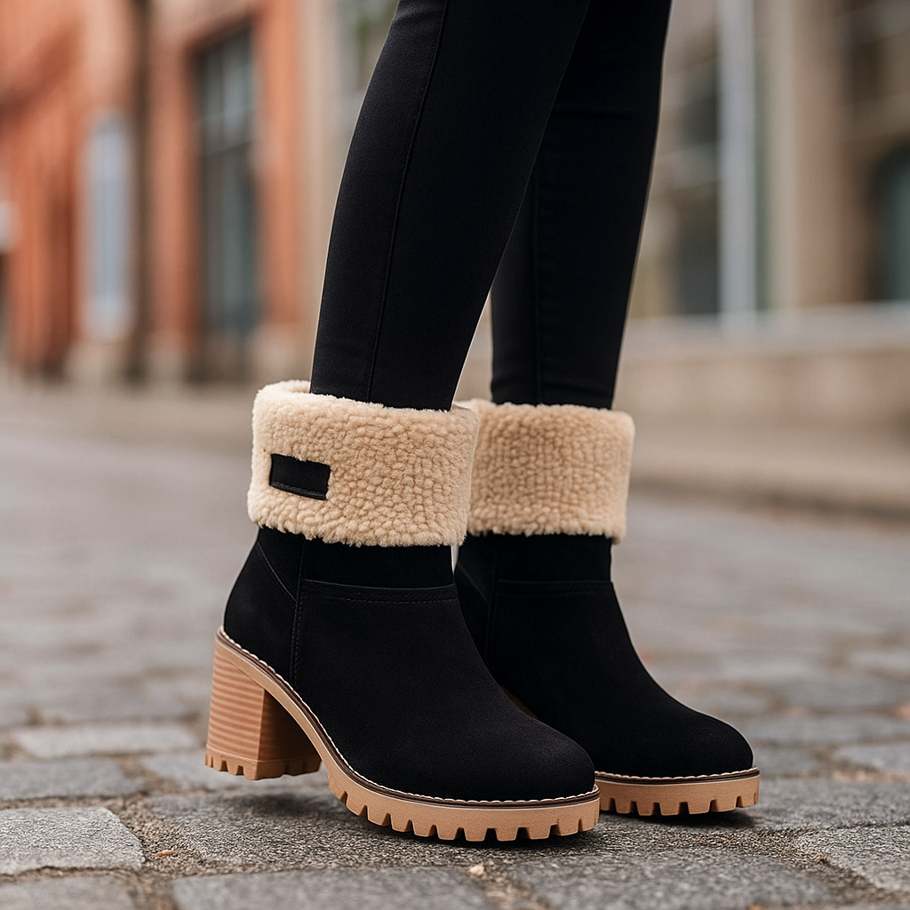 Marie Women’s Suede Ankle Boots – Plush Fur Lined Winter Block Heel Boots