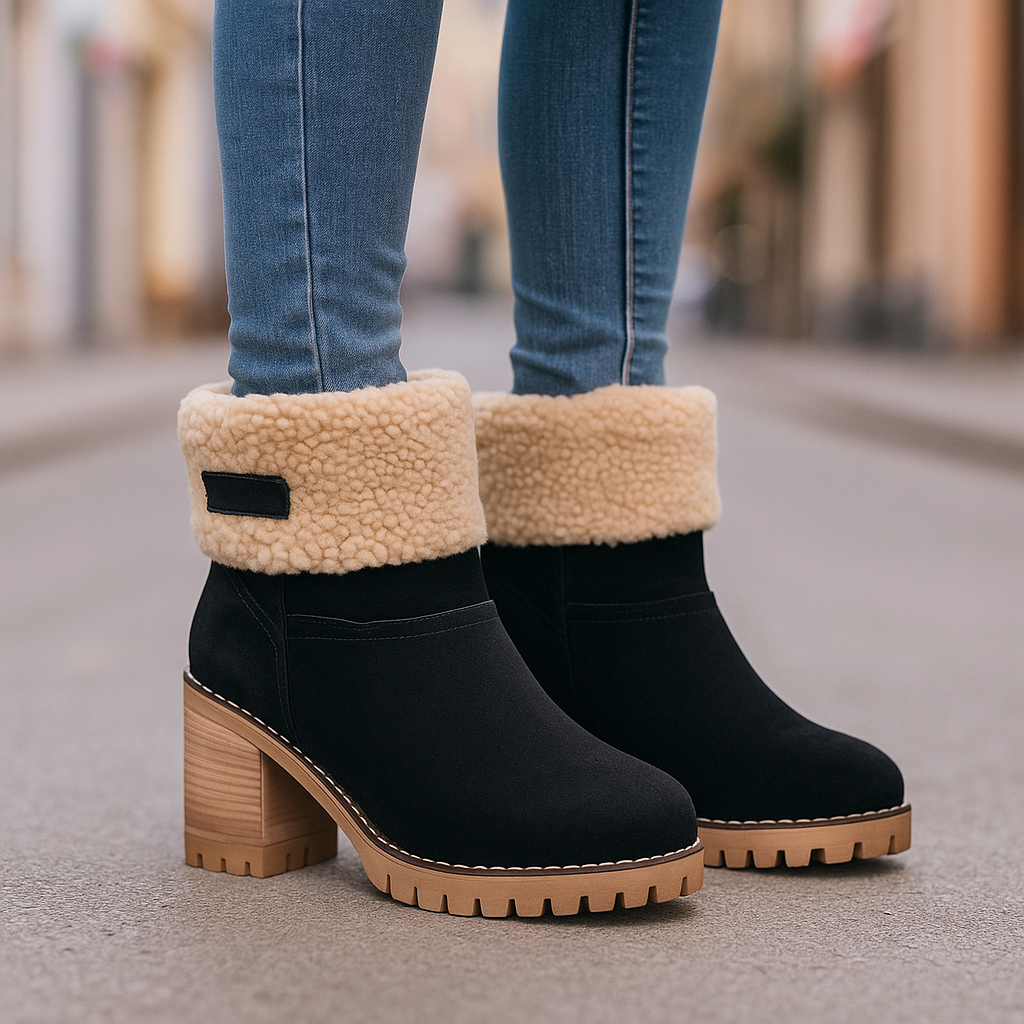 Marie Women’s Suede Ankle Boots – Plush Fur Lined Winter Block Heel Boots