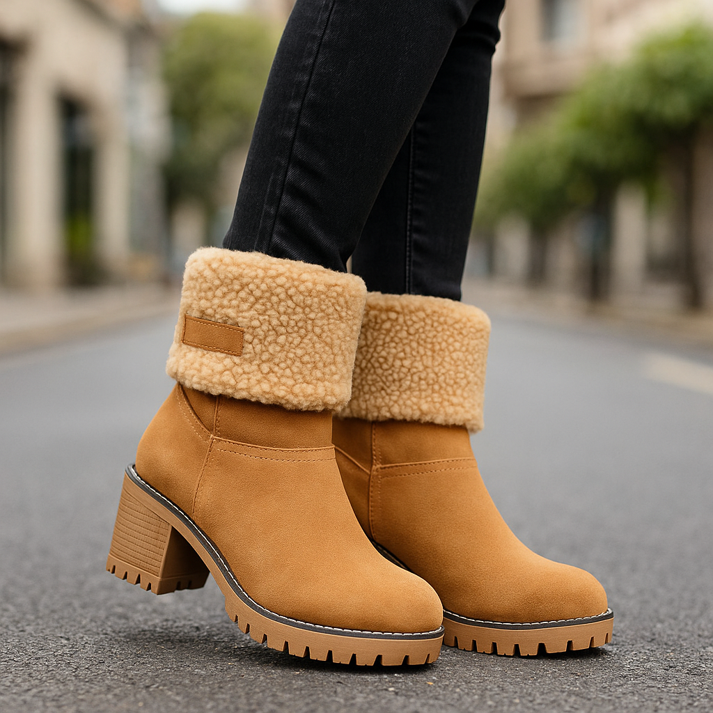 Marie Women’s Suede Ankle Boots – Plush Fur Lined Winter Block Heel Boots