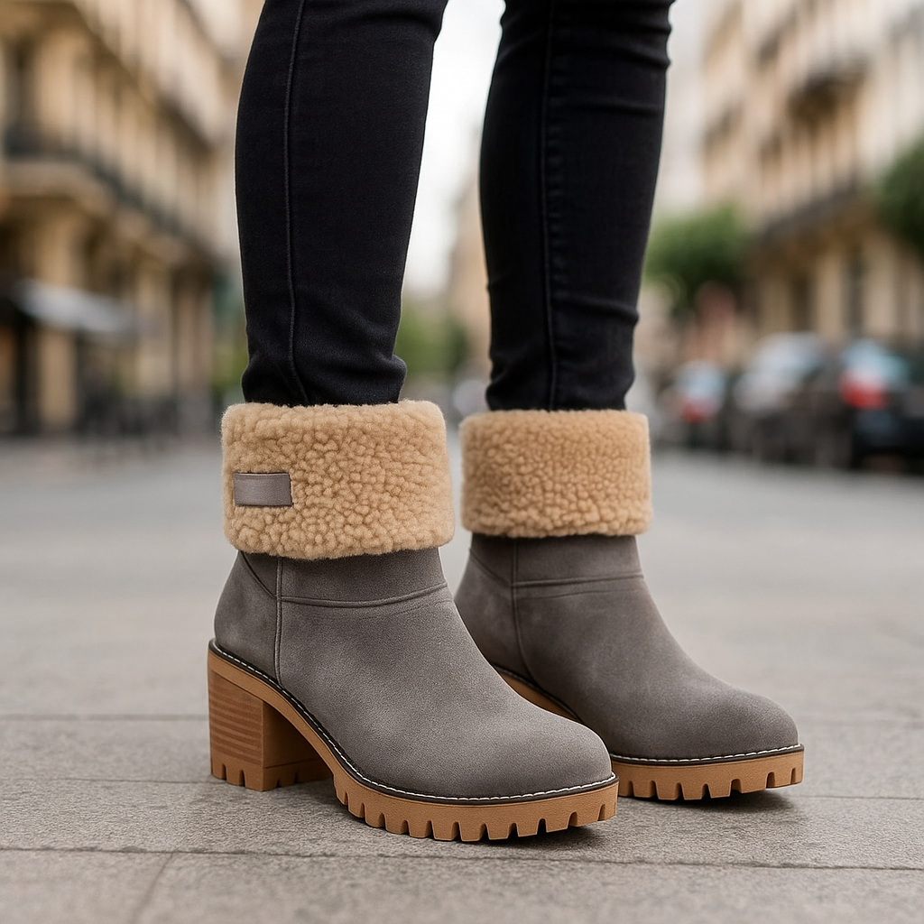 Marie Women’s Suede Ankle Boots – Plush Fur Lined Winter Block Heel Boots