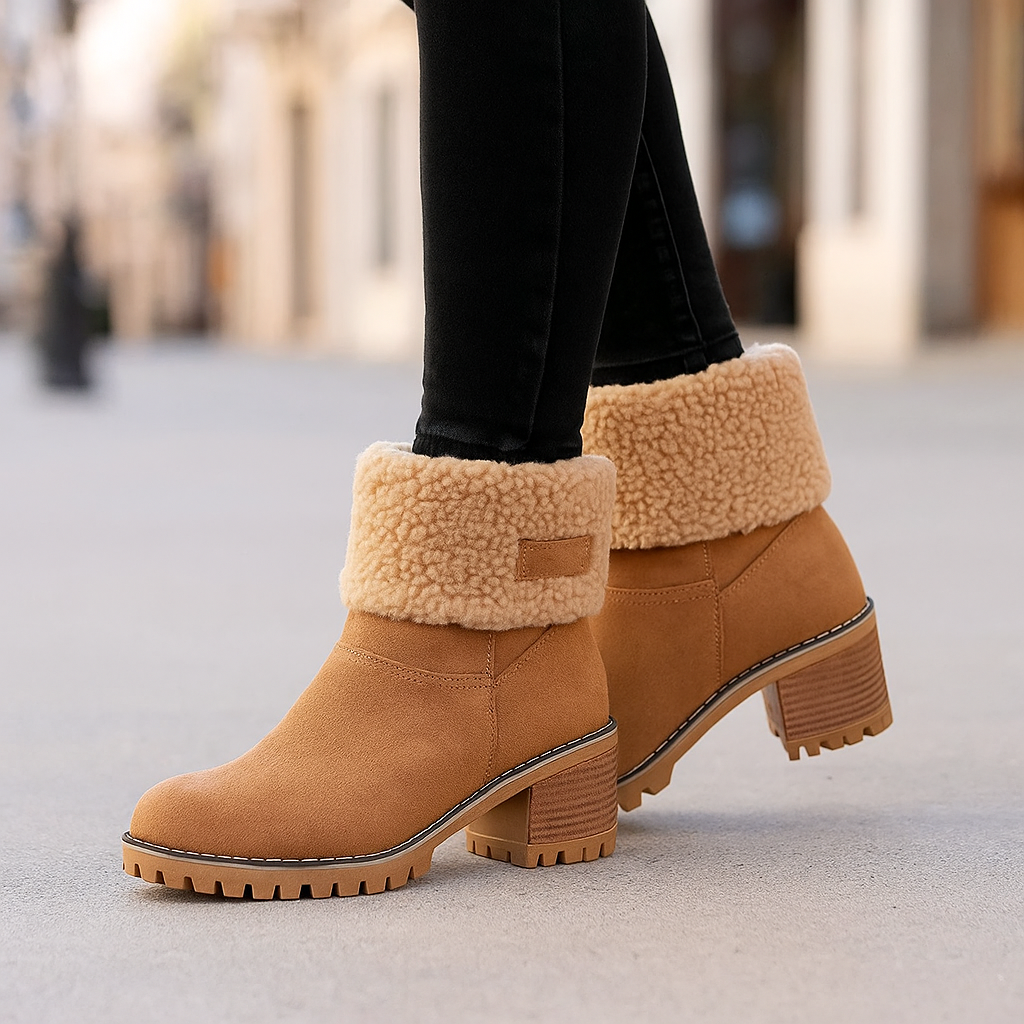 Marie Women’s Suede Ankle Boots – Plush Fur Lined Winter Block Heel Boots