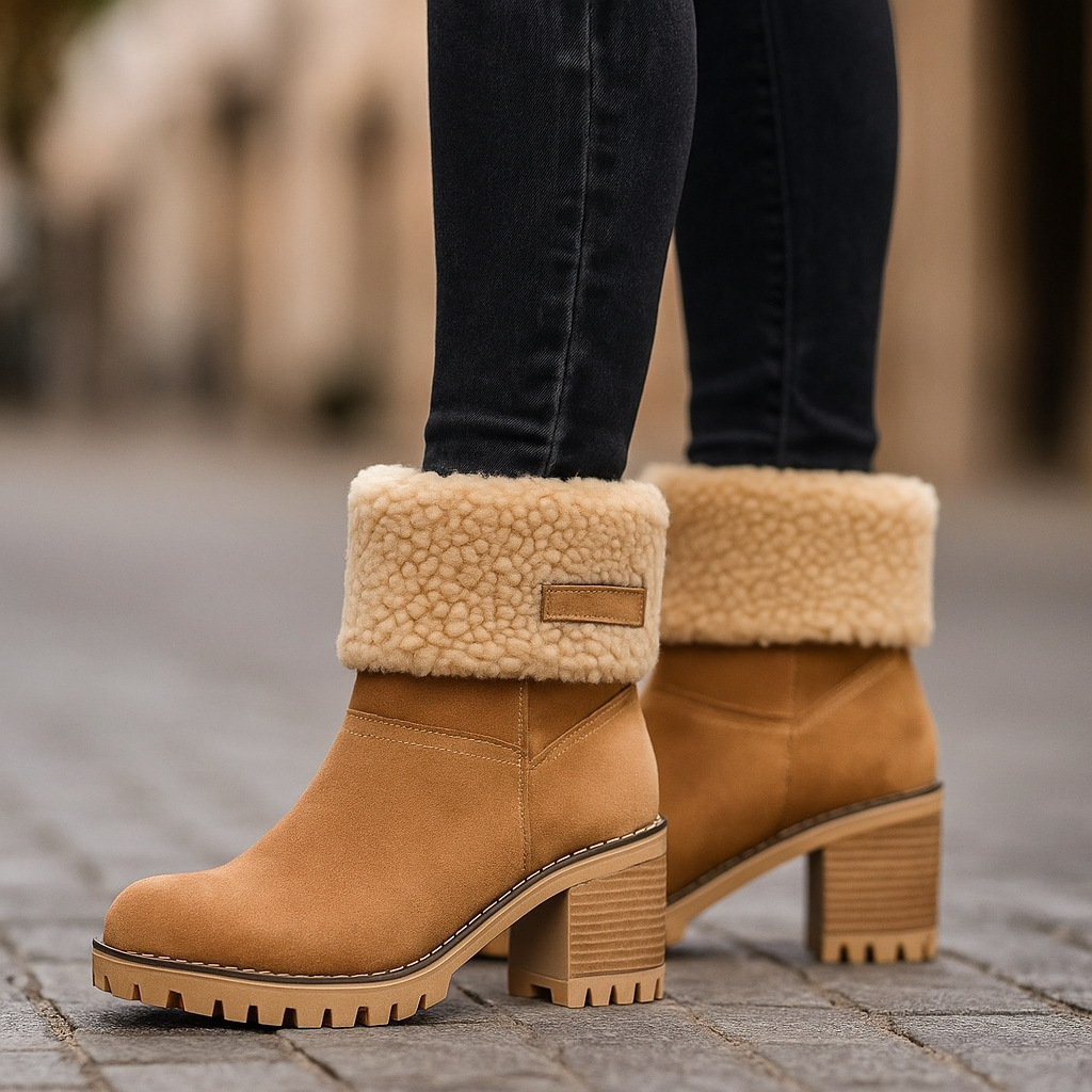 Marie Women’s Suede Ankle Boots – Plush Fur Lined Winter Block Heel Boots