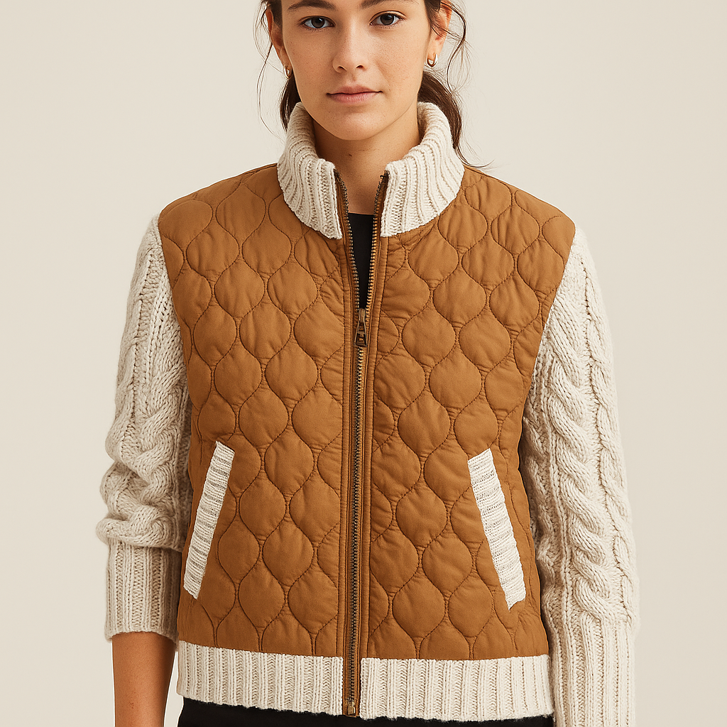 Adelina Quilted Patchwork Jacket – Textured Warmth with Cable-Knit Sleeves