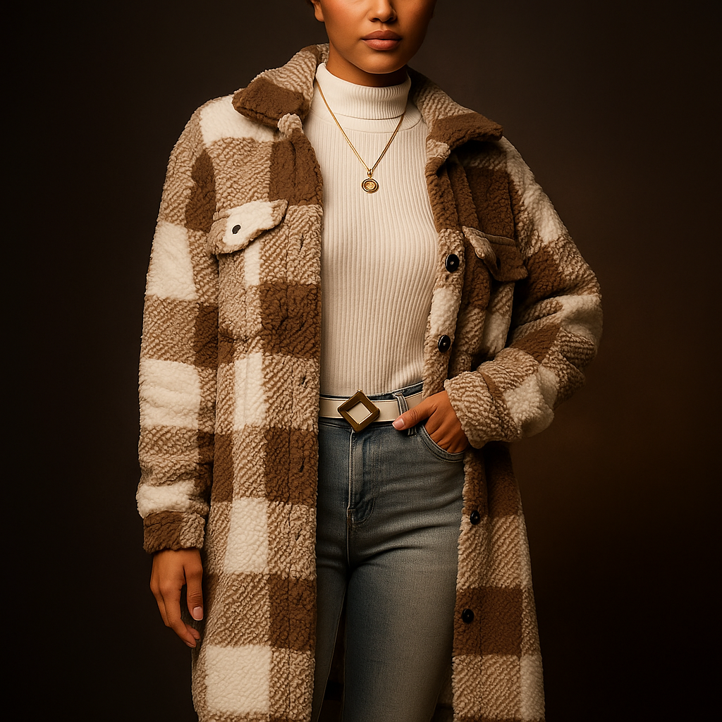 Chiara Women’s Fleece Overcoat – Checkerboard Pattern with Relaxed Fit