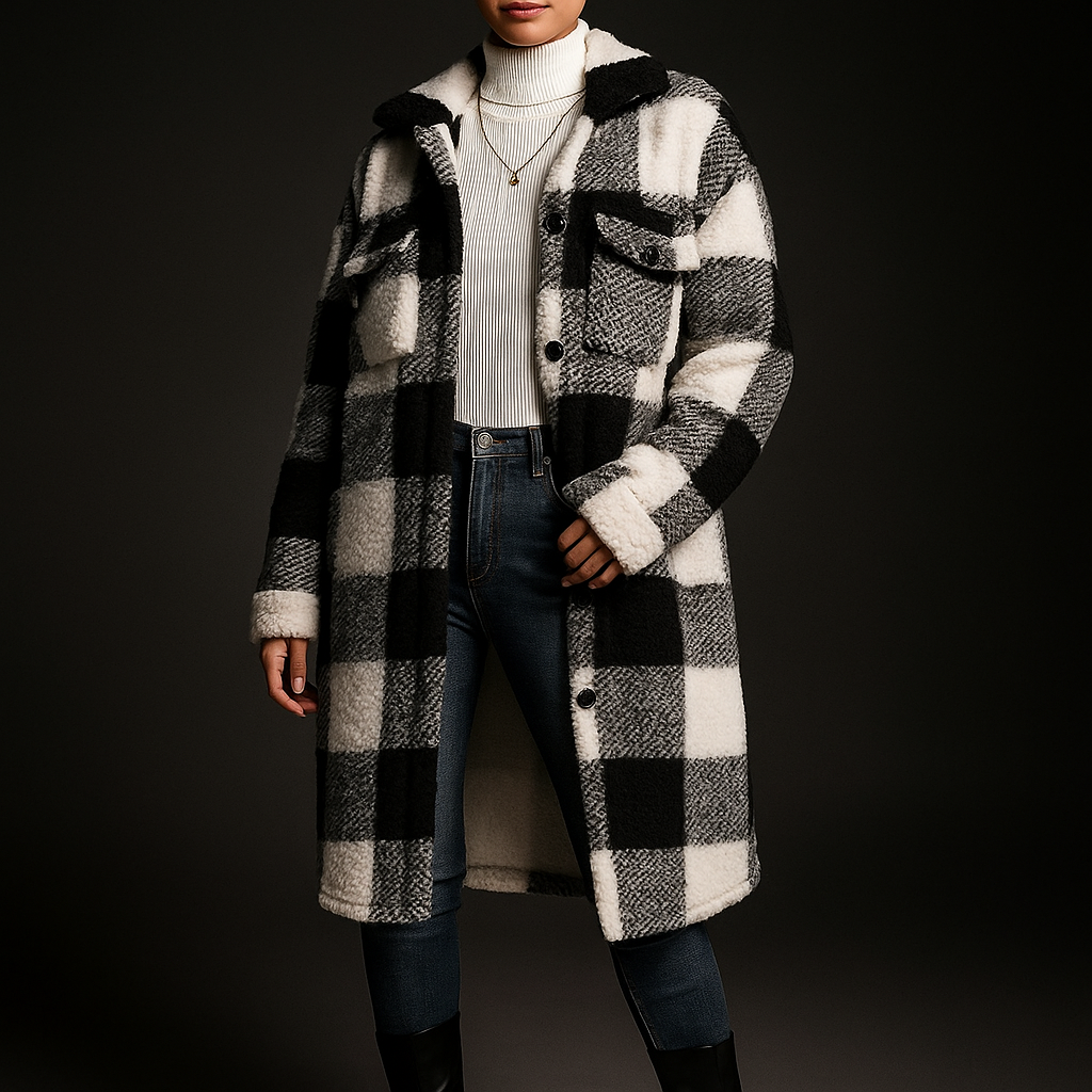 Chiara Women’s Fleece Overcoat – Checkerboard Pattern with Relaxed Fit