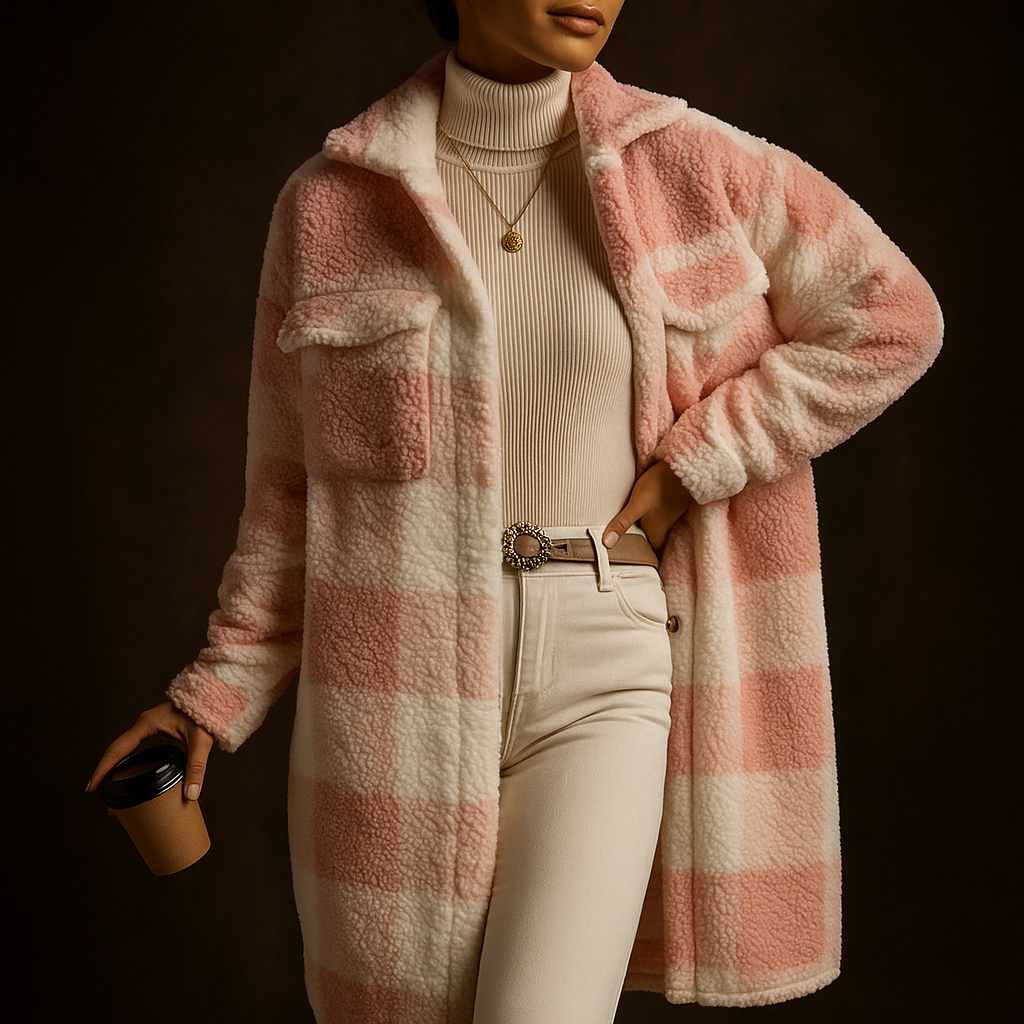 Chiara Women’s Fleece Overcoat – Checkerboard Pattern with Relaxed Fit