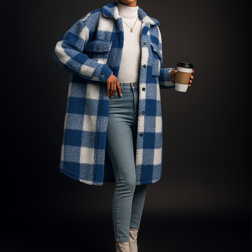 Chiara Women’s Fleece Overcoat – Checkerboard Pattern with Relaxed Fit
