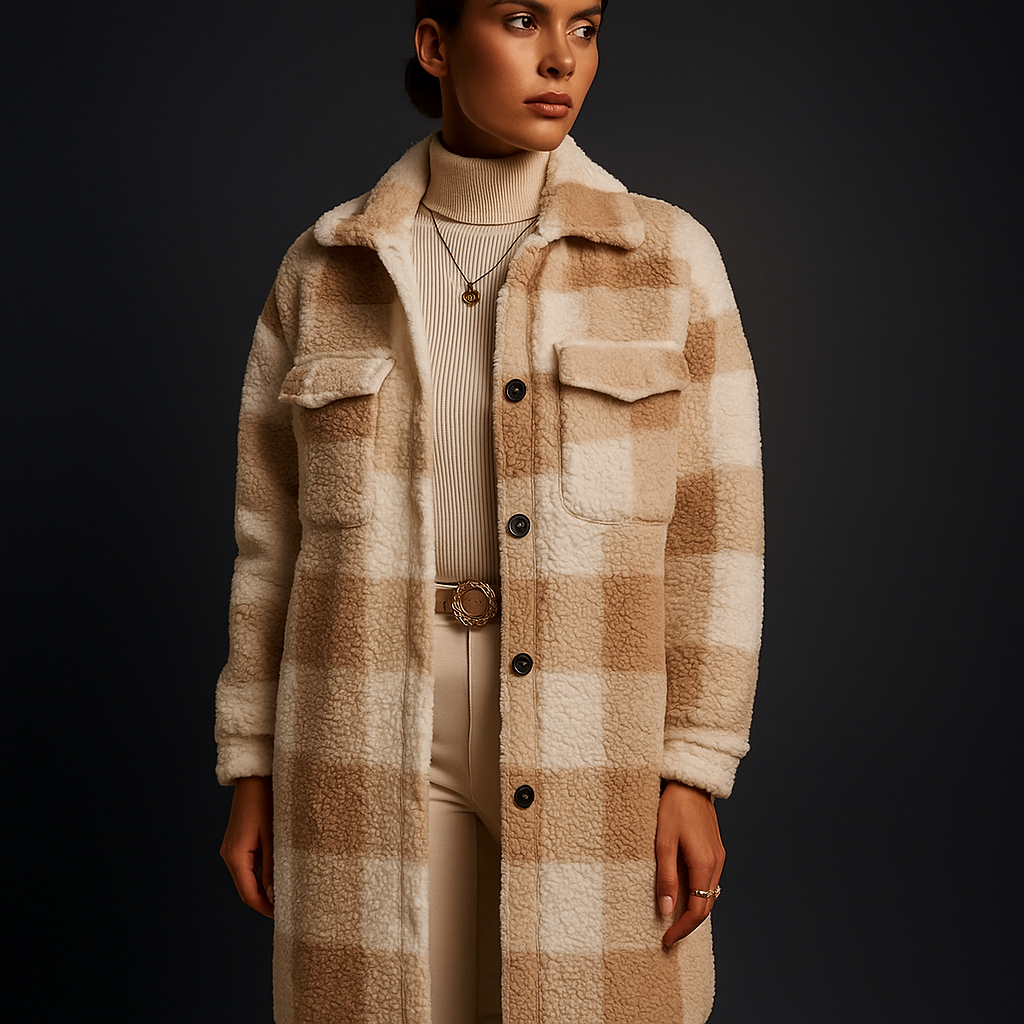 Chiara Women’s Fleece Overcoat – Checkerboard Pattern with Relaxed Fit