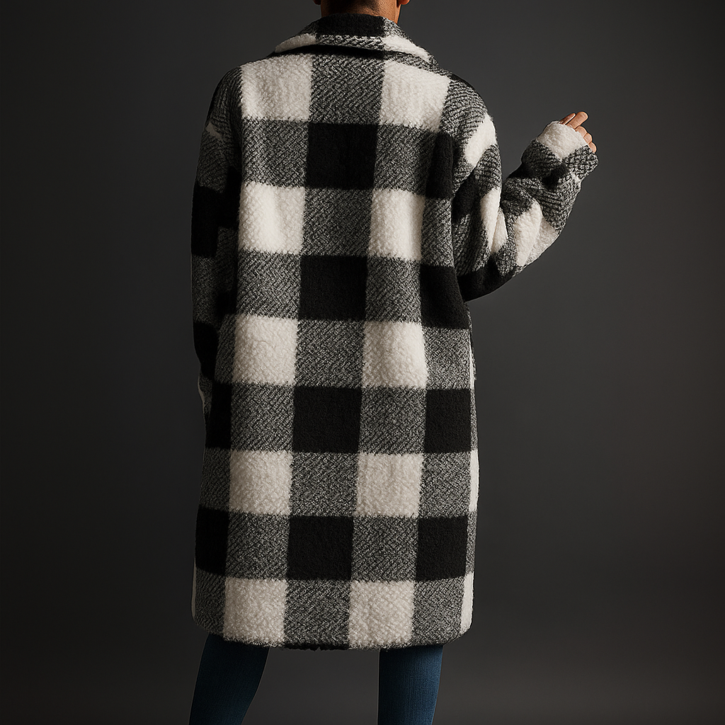 Chiara Women’s Fleece Overcoat – Checkerboard Pattern with Relaxed Fit