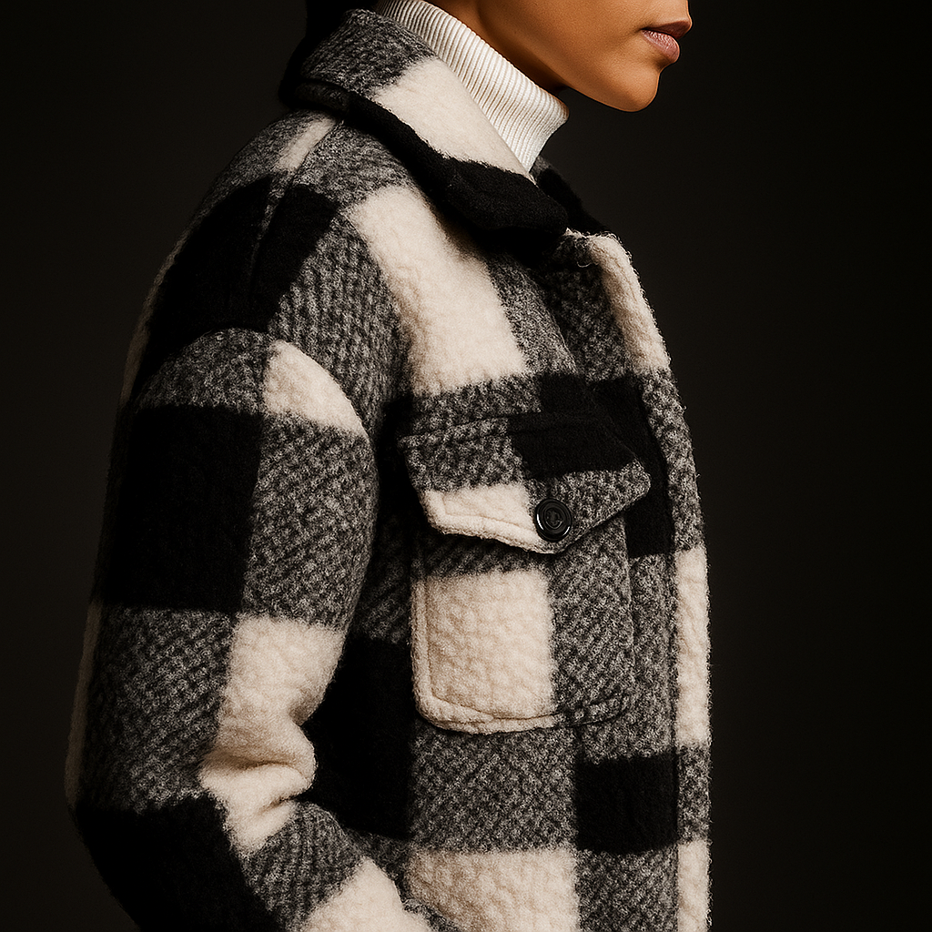 Chiara Women’s Fleece Overcoat – Checkerboard Pattern with Relaxed Fit