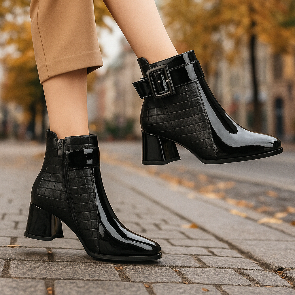 Taylor Women’s Leather Ankle Boots – Cushioned Platform Buckle Detail