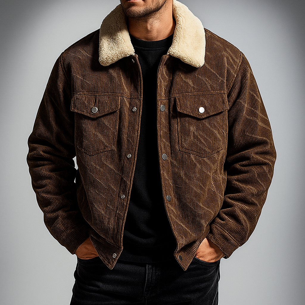 Aljur Men's Corduroy Jacket – Plush Fleece-Lined Cotton Jacket for Men
