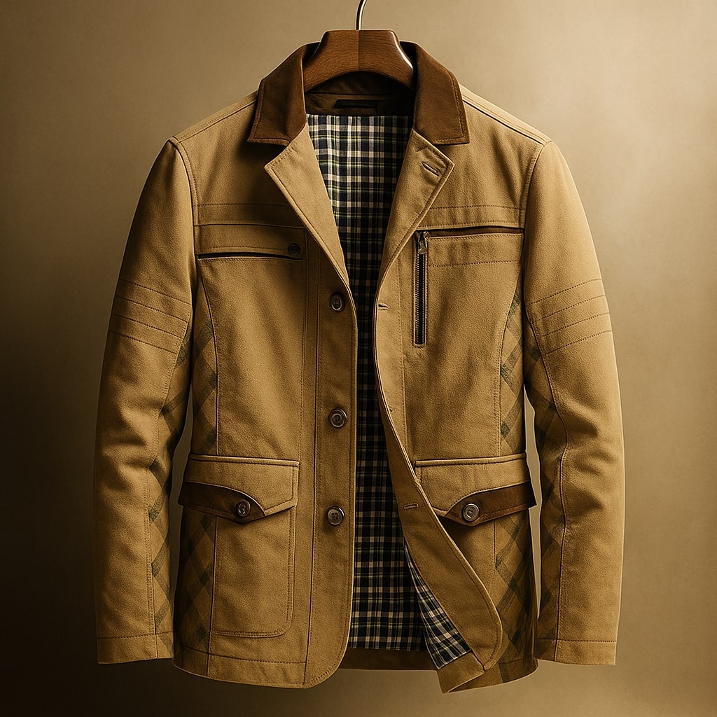 Renzo Men’s Cotton Field Jacket – Heavy Twill Coat with Suede Trim & Checked Lining