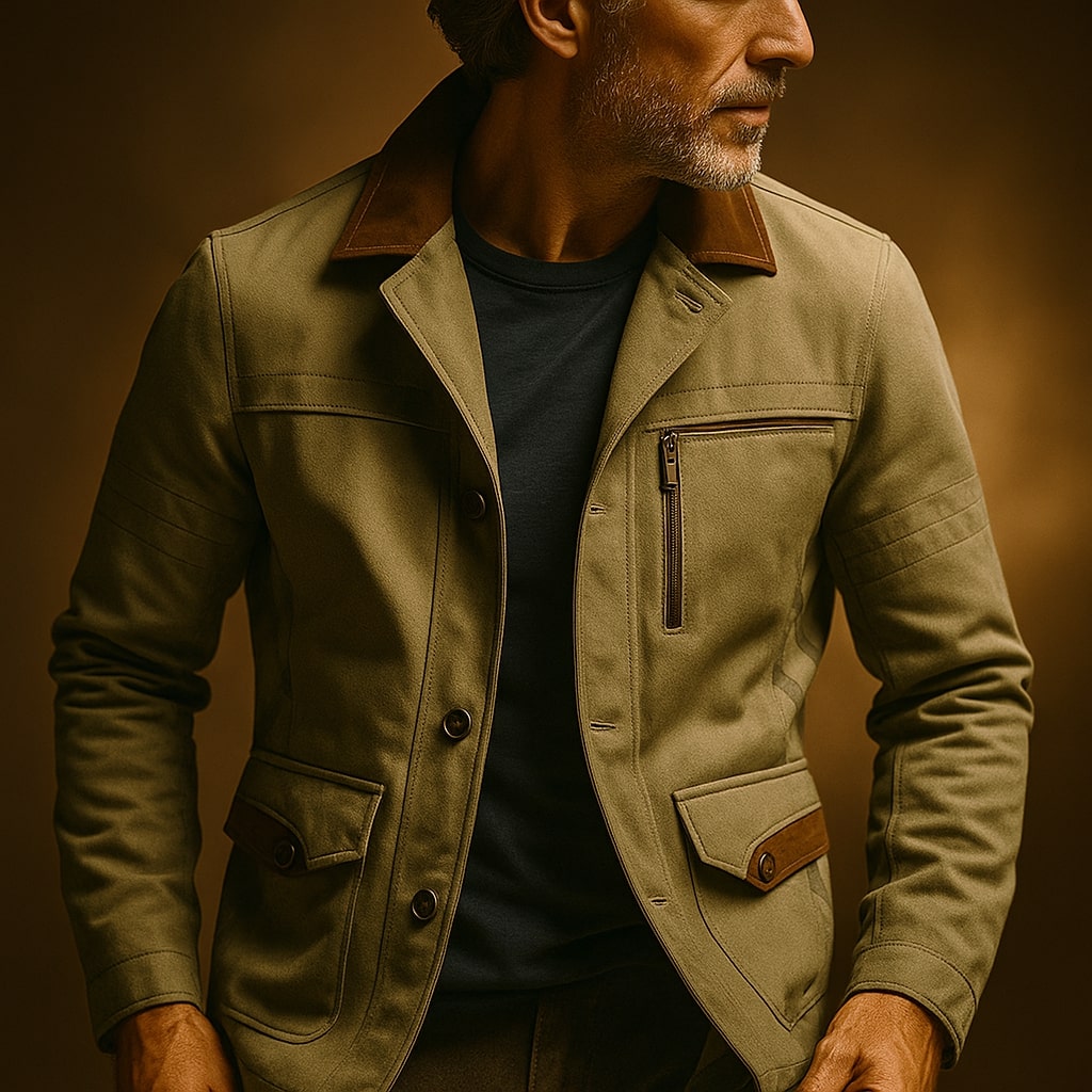 Renzo Men’s Cotton Field Jacket – Heavy Twill Coat with Suede Trim & Checked Lining