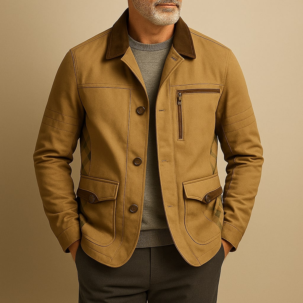 Renzo Men’s Cotton Field Jacket – Heavy Twill Coat with Suede Trim & Checked Lining