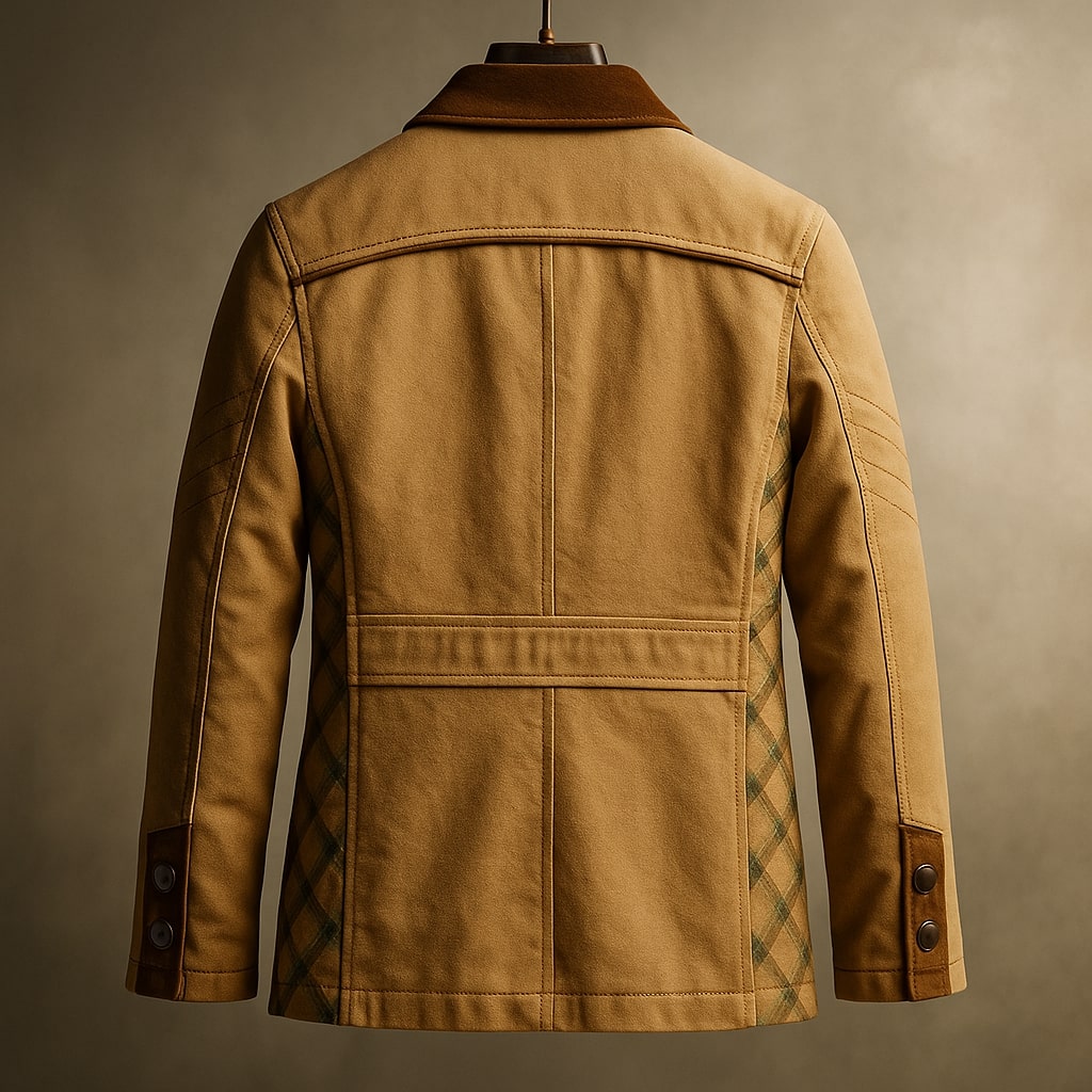 Renzo Men’s Cotton Field Jacket – Heavy Twill Coat with Suede Trim & Checked Lining