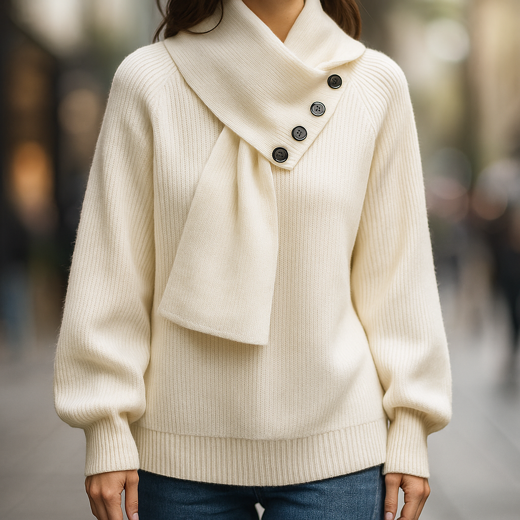 Malou Women’s Knit Sweater – Ribbed Scarf Neck with Button Detail