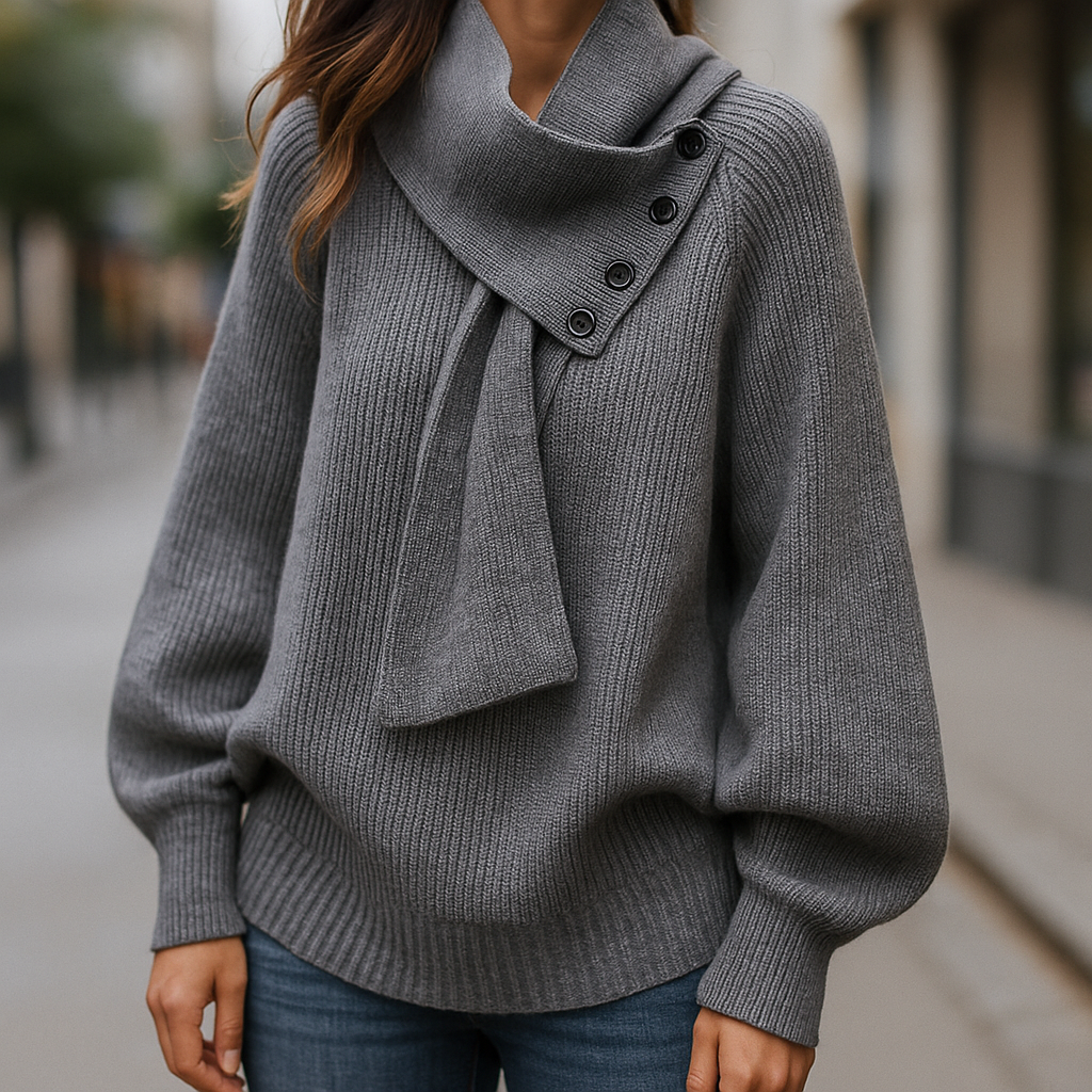 Malou Women’s Knit Sweater – Ribbed Scarf Neck with Button Detail