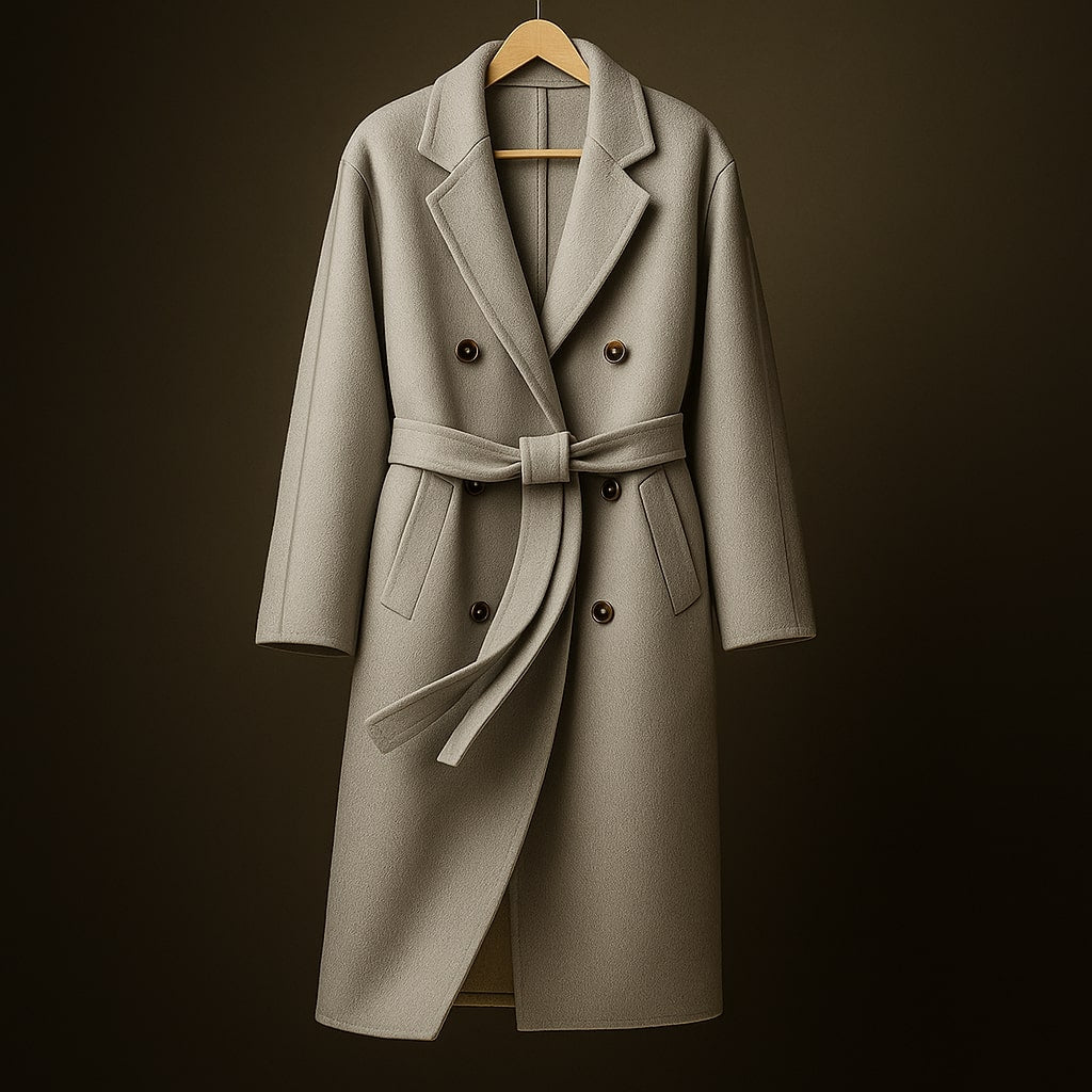 Cassandra Women’s Wool Coat – Double-Breasted Belted Mid-Length Coat