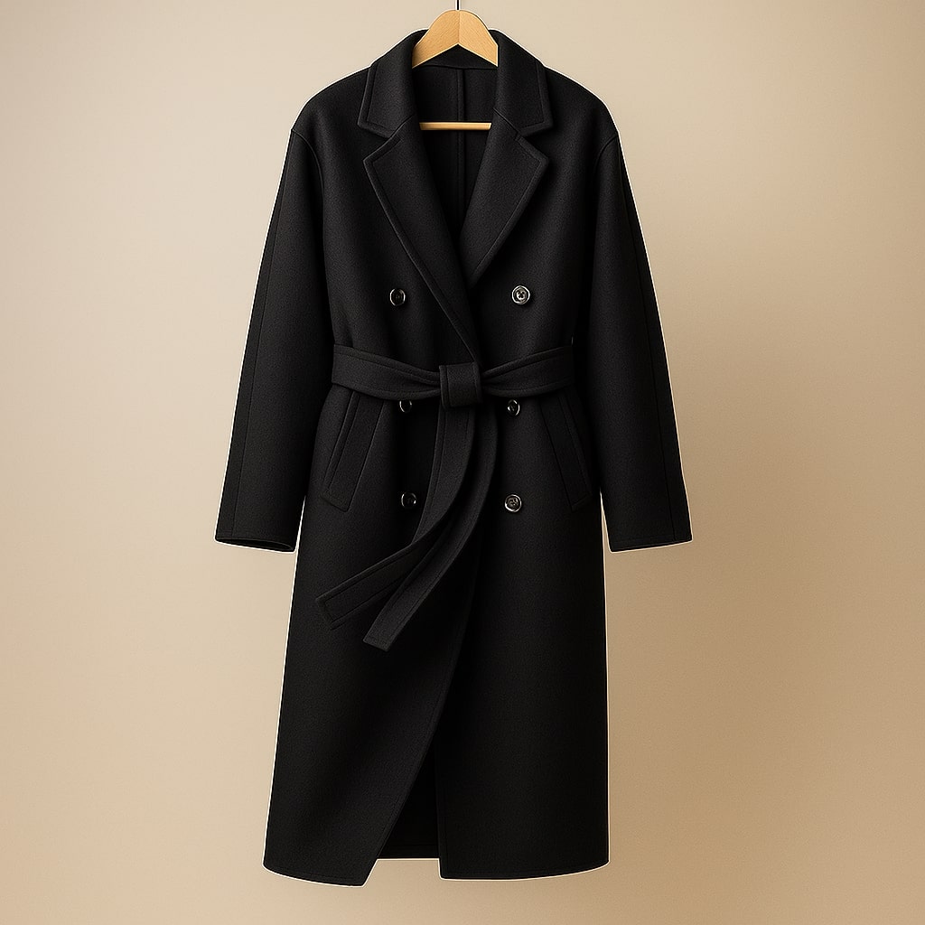 Cassandra Women’s Wool Coat – Double-Breasted Belted Mid-Length Coat