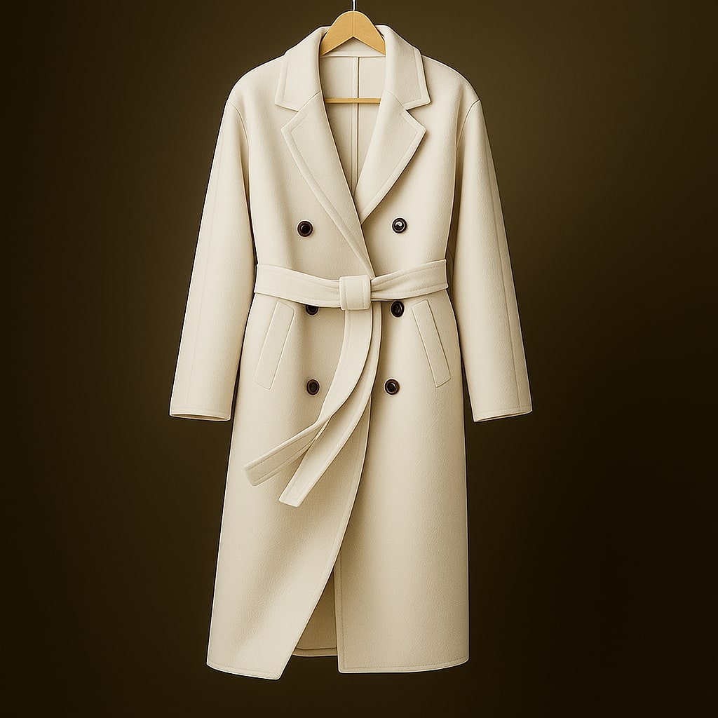 Cassandra Women’s Wool Coat – Double-Breasted Belted Mid-Length Coat