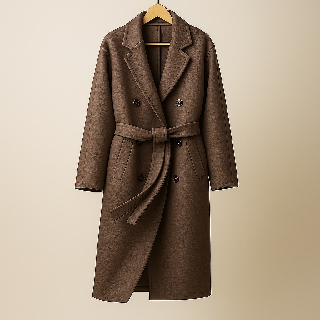 Cassandra Women’s Wool Coat – Double-Breasted Belted Mid-Length Coat