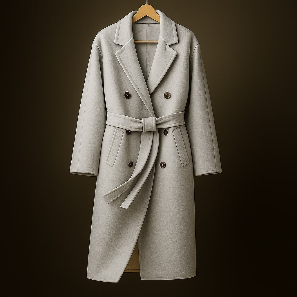 Cassandra Women’s Wool Coat – Double-Breasted Belted Mid-Length Coat