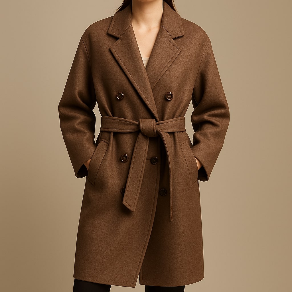 Cassandra Women’s Wool Coat – Double-Breasted Belted Mid-Length Coat