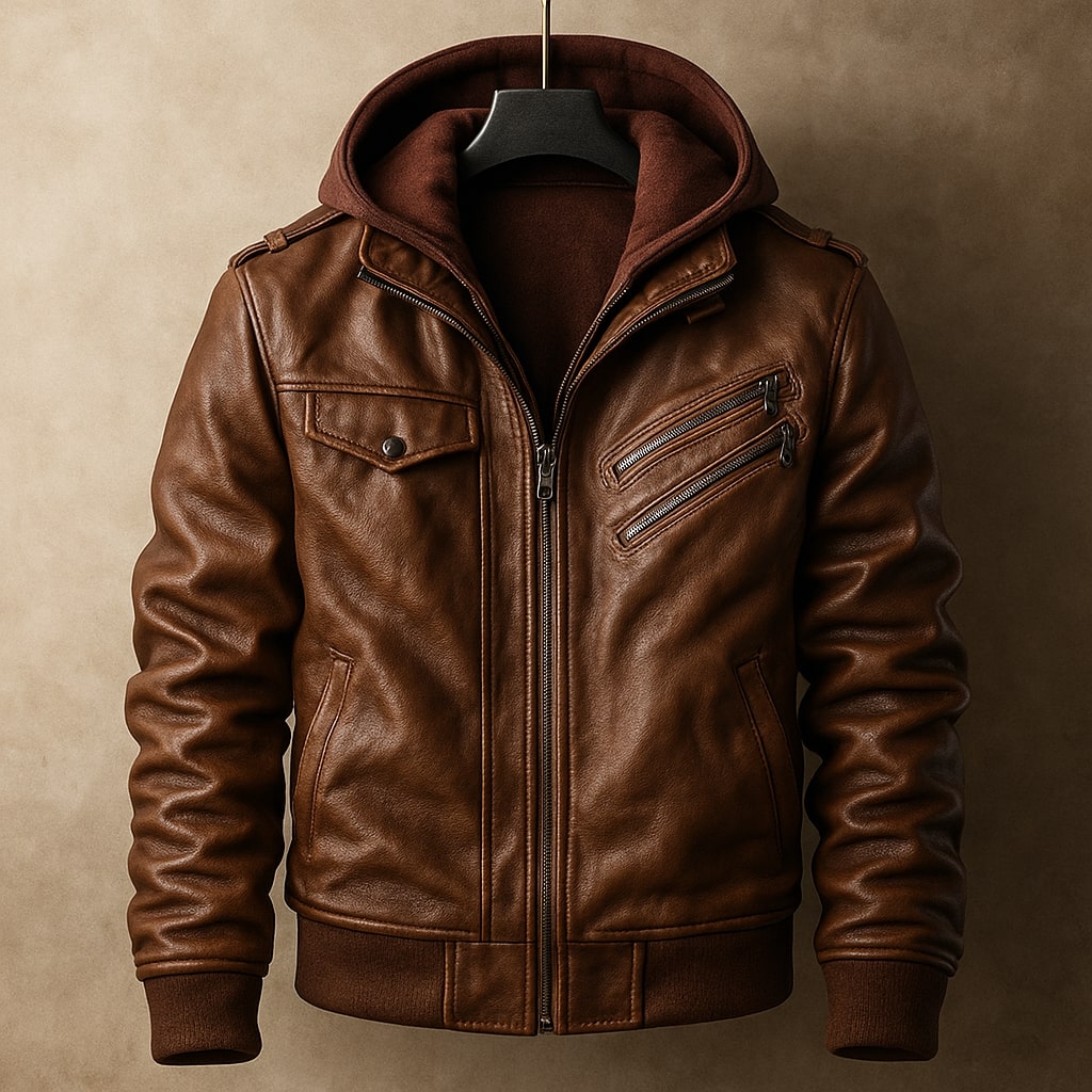 Leonard Men’s Leather Hooded Jacket – Insulated Winter Coat with Zipper Pockets