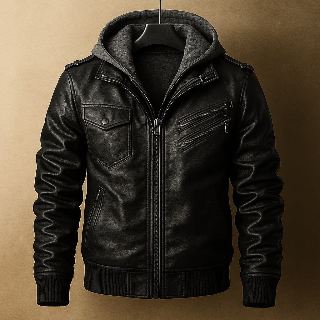 Leonard Men’s Leather Hooded Jacket – Insulated Winter Coat with Zipper Pockets