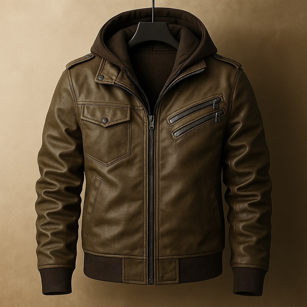 Leonard Men’s Leather Hooded Jacket – Insulated Winter Coat with Zipper Pockets