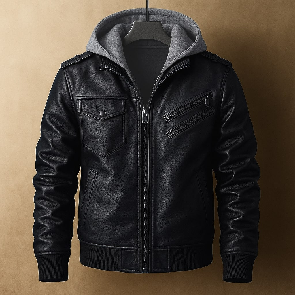 Leonard Men’s Leather Hooded Jacket – Insulated Winter Coat with Zipper Pockets