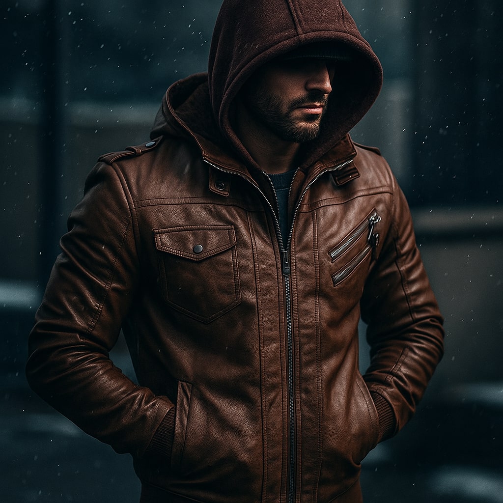 Leonard Men’s Leather Hooded Jacket – Insulated Winter Coat with Zipper Pockets
