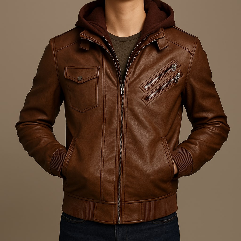 Leonard Men’s Leather Hooded Jacket – Insulated Winter Coat with Zipper Pockets