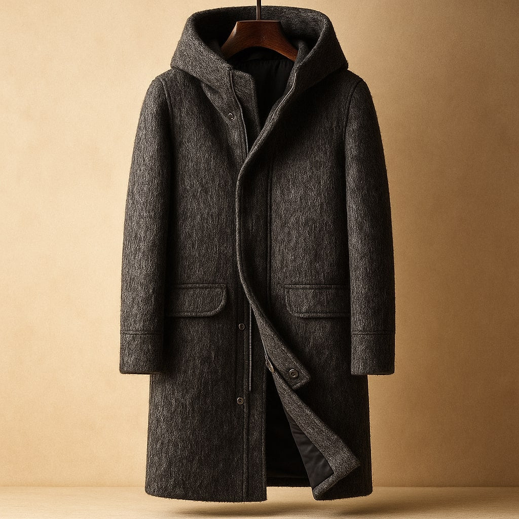 Raffy Men’s Wool Coat – Brushed Wool Tailored Fit Hooded Long Coat