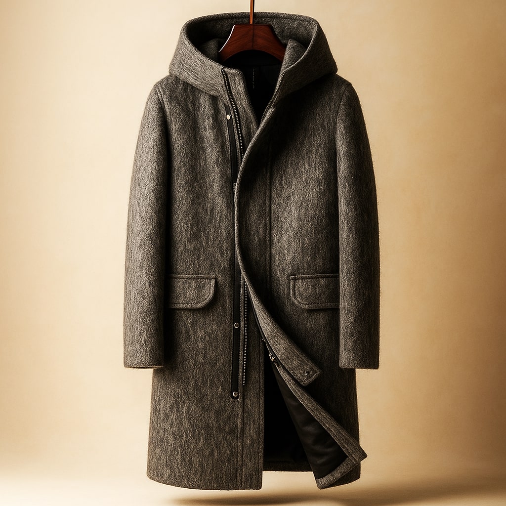 Raffy Men’s Wool Coat – Brushed Wool Tailored Fit Hooded Long Coat