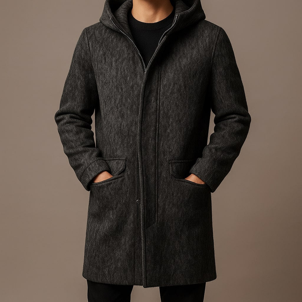 Raffy Men’s Wool Coat – Brushed Wool Tailored Fit Hooded Long Coat